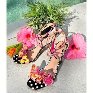 Betsey Johnson Ember Butterfly Heels Sz 9.5 Pink Floral Polka Dot Embellished
